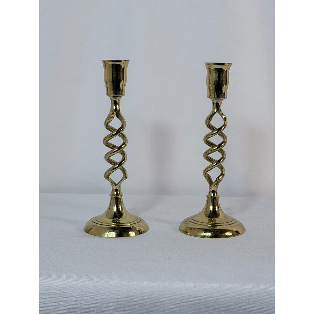 Brass Barley Double Open Twist Candlestick Set of 2 Vintage 7" India Gold Decor